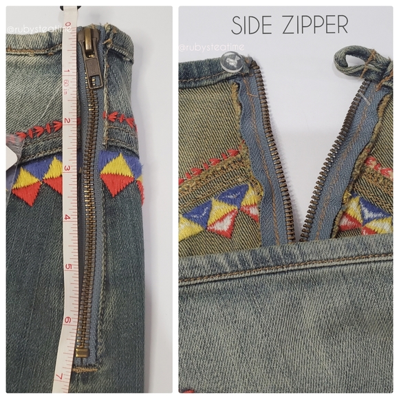 FREE PEOPLE Festival Staple, Aztec Tribal Embroidered Denim Mini Skirt, … - Picture 4 of 9